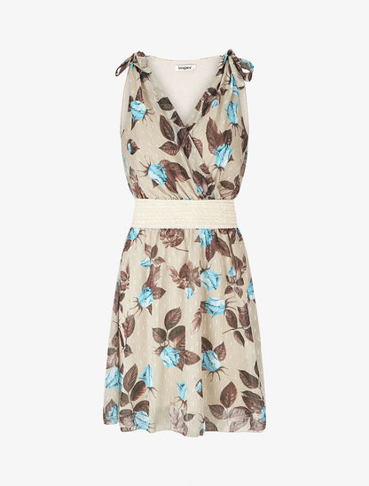 Robe mi-longue sans manches imprimé roses - Beige - 1