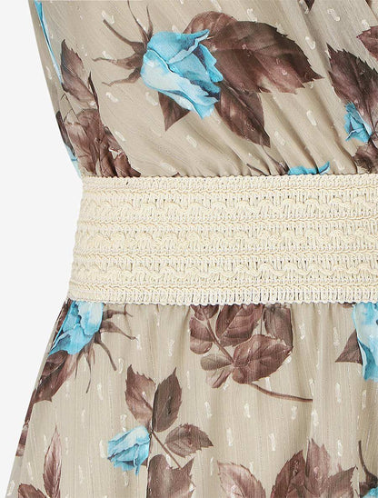 Robe mi-longue sans manches imprimé roses - Beige - 3