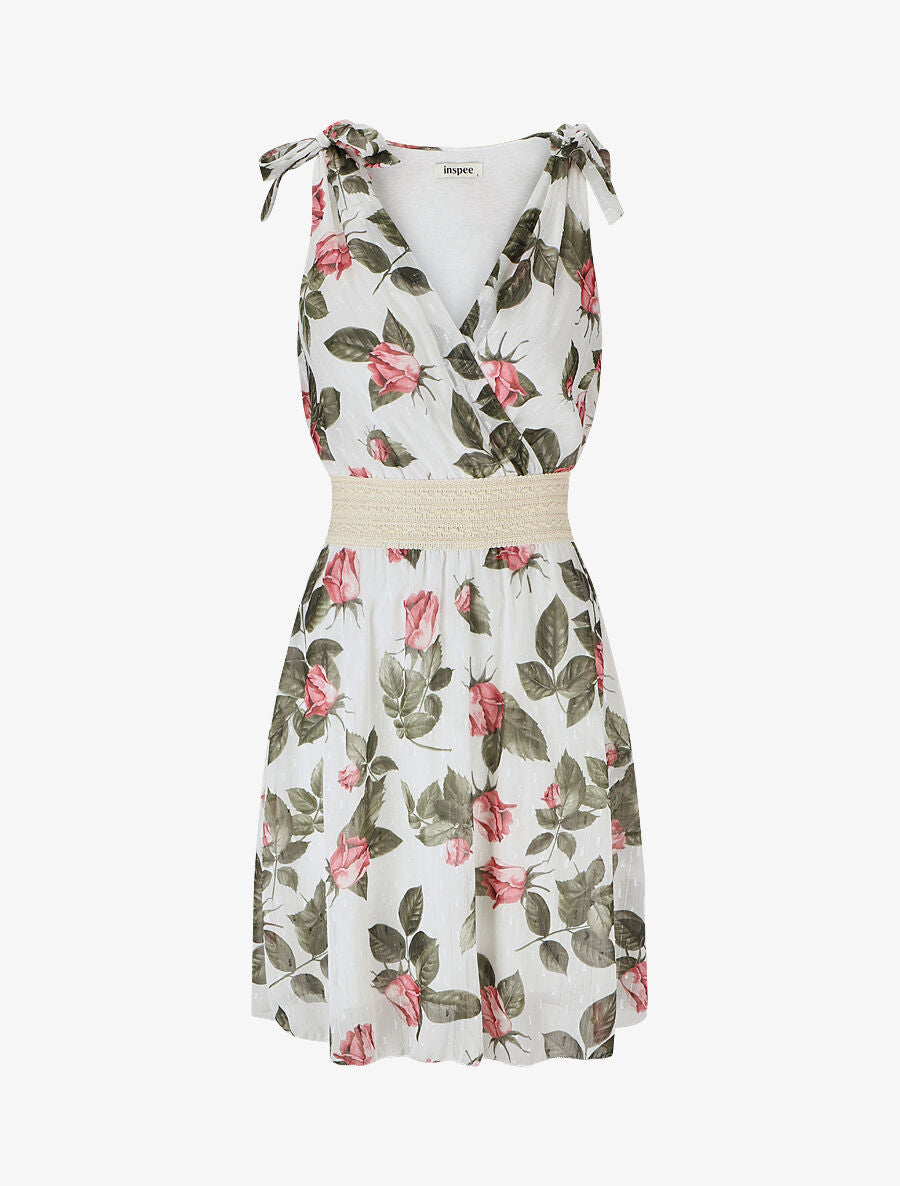 Robe mi-longue sans manches imprimé roses - Blanc - 1