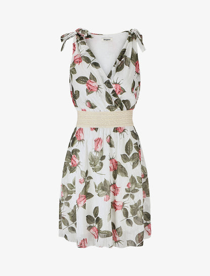 Robe mi-longue sans manches imprimé roses - Blanc - 1