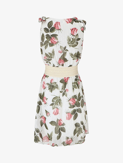 Robe mi-longue sans manches imprimé roses - Blanc - 2