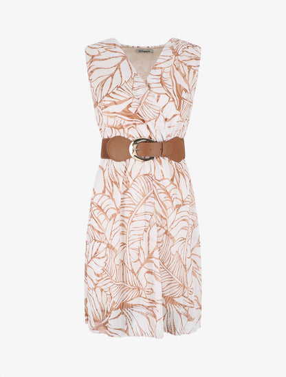 Robe élastiquée sans manches imprimé feuillage irisé - Beige - 1