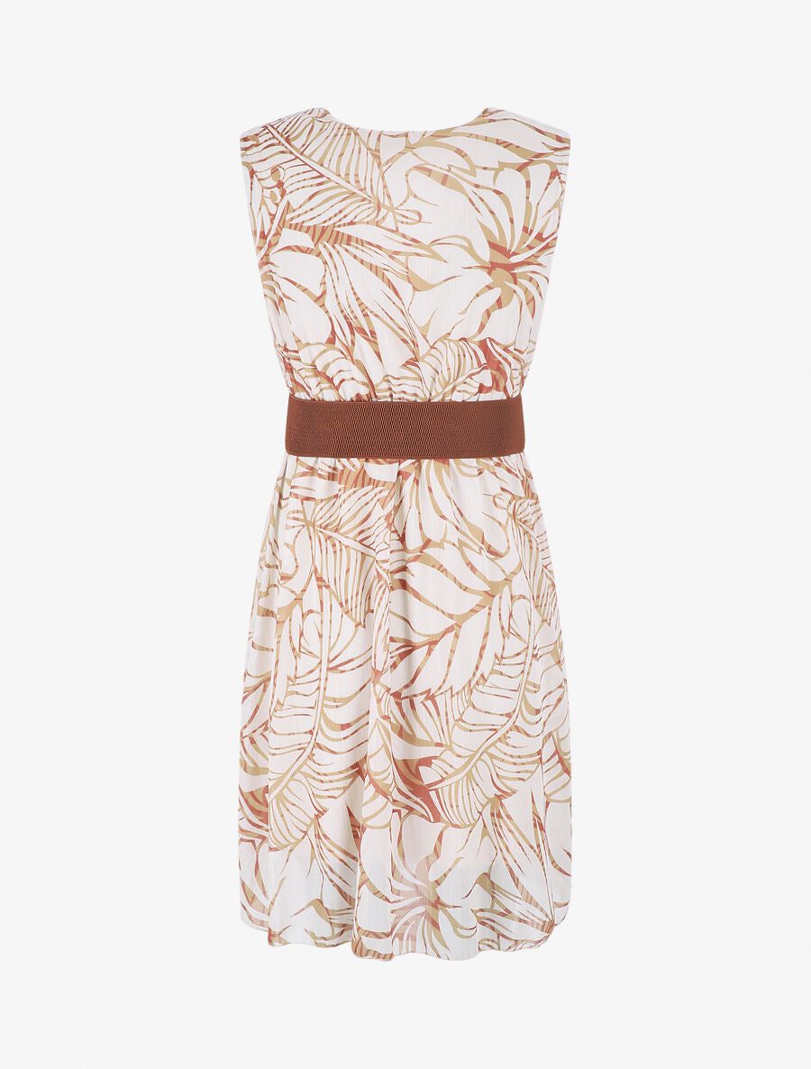 Robe élastiquée sans manches imprimé feuillage irisé - Beige - 2
