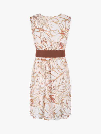 Robe élastiquée sans manches imprimé feuillage irisé - Beige - 2