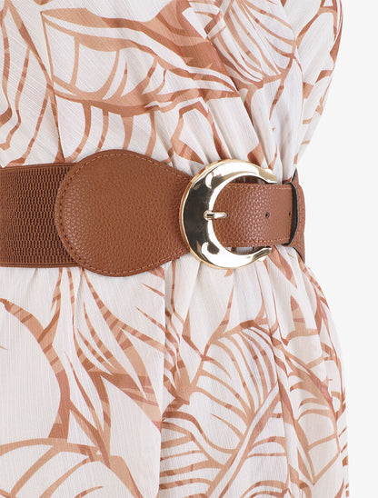 Robe élastiquée sans manches imprimé feuillage irisé - Beige - 3