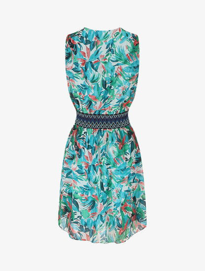 Robe mi-longue sans manches irisée motif végétal - Turquoise - 2