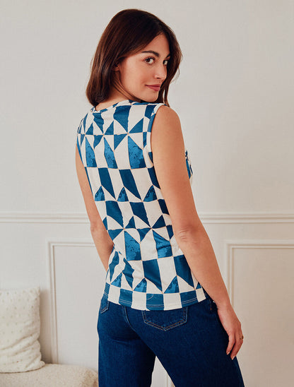 Top sans manches col bénitier imprimé graphique - Bleu - 6