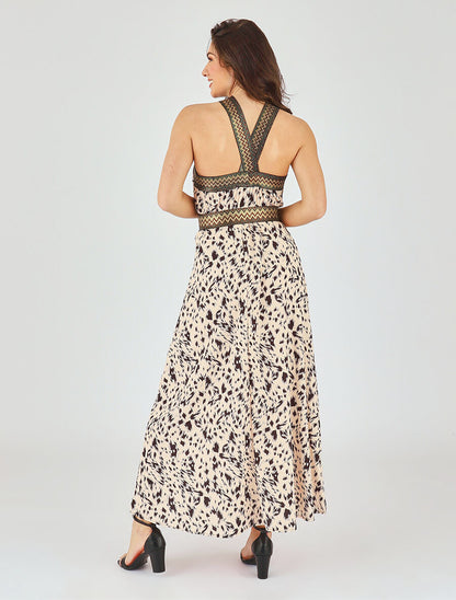 Robe longue imprimé fantaisie à larges bretelles croisées - Beige - 5