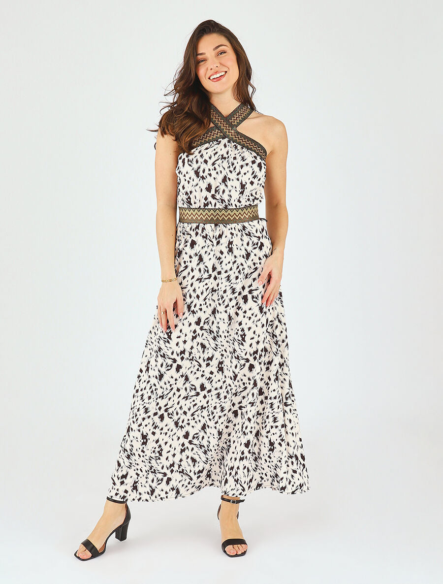 Robe longue imprimé fantaisie à larges bretelles croisées - Crème - 4