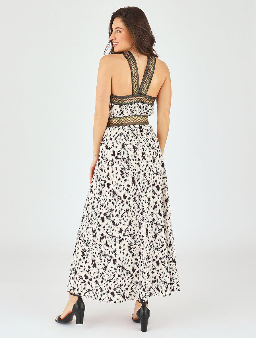 Robe longue imprimé fantaisie à larges bretelles croisées - Crème - 5