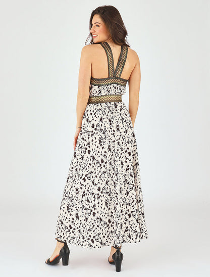 Robe longue imprimé fantaisie à larges bretelles croisées - Crème - 5