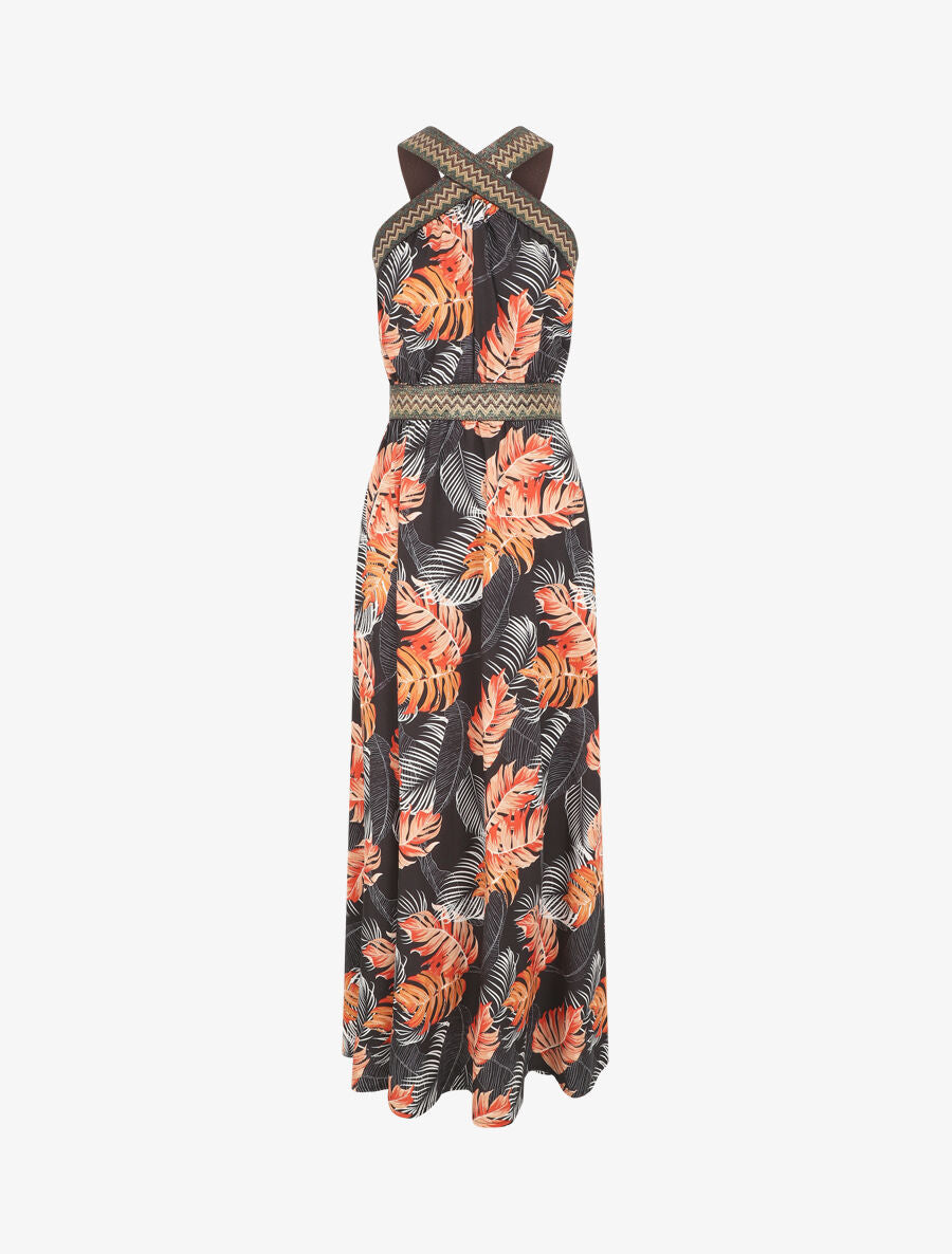 Robe longue imprimé tropical à larges bretelles croisées - Noir - 7