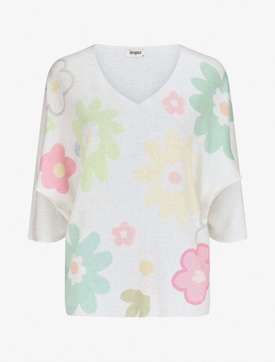 Pull imprimé fleurs à manches chauves-souris - Vert anis - 1