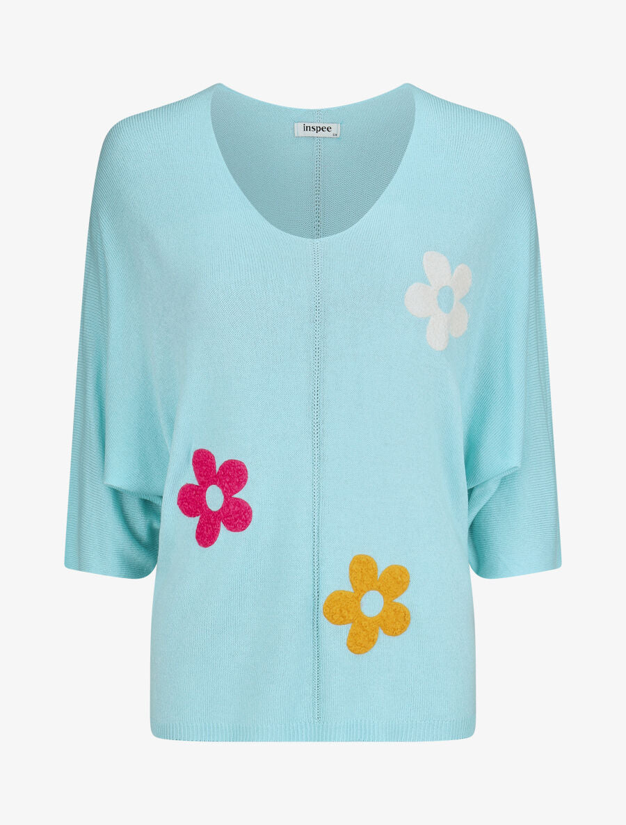 Pull fin à motif trois fleurs - Turquoise - 1