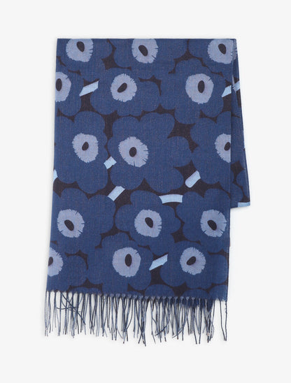 Echarpe fleurie à franges - Bleu - 2