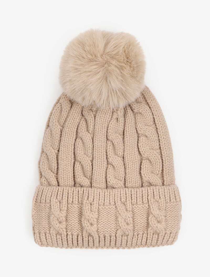 Bonnet en maille tressée à pompon - Beige - 1