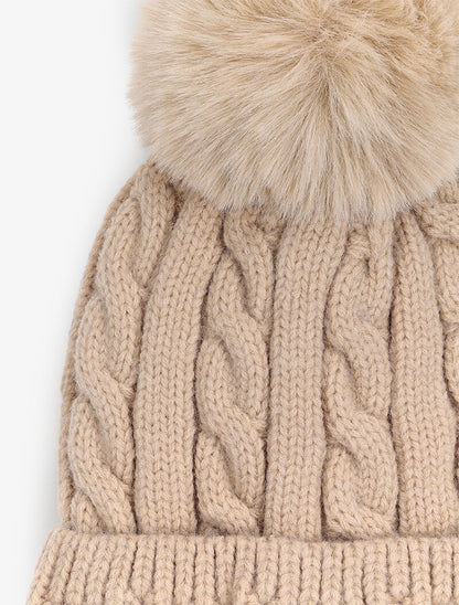 Bonnet en maille tressée à pompon - Beige - 2