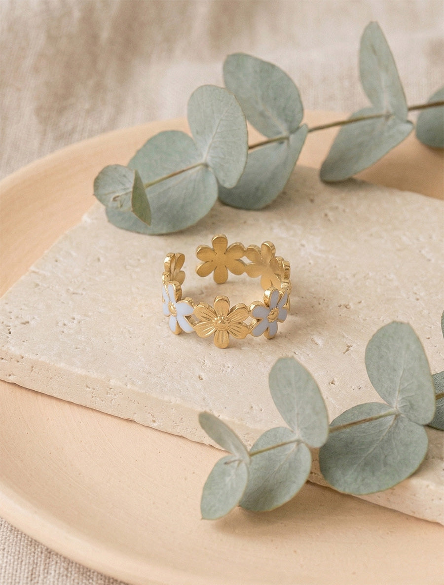 Bague ajustable à fleurs - Or/bleu - 1