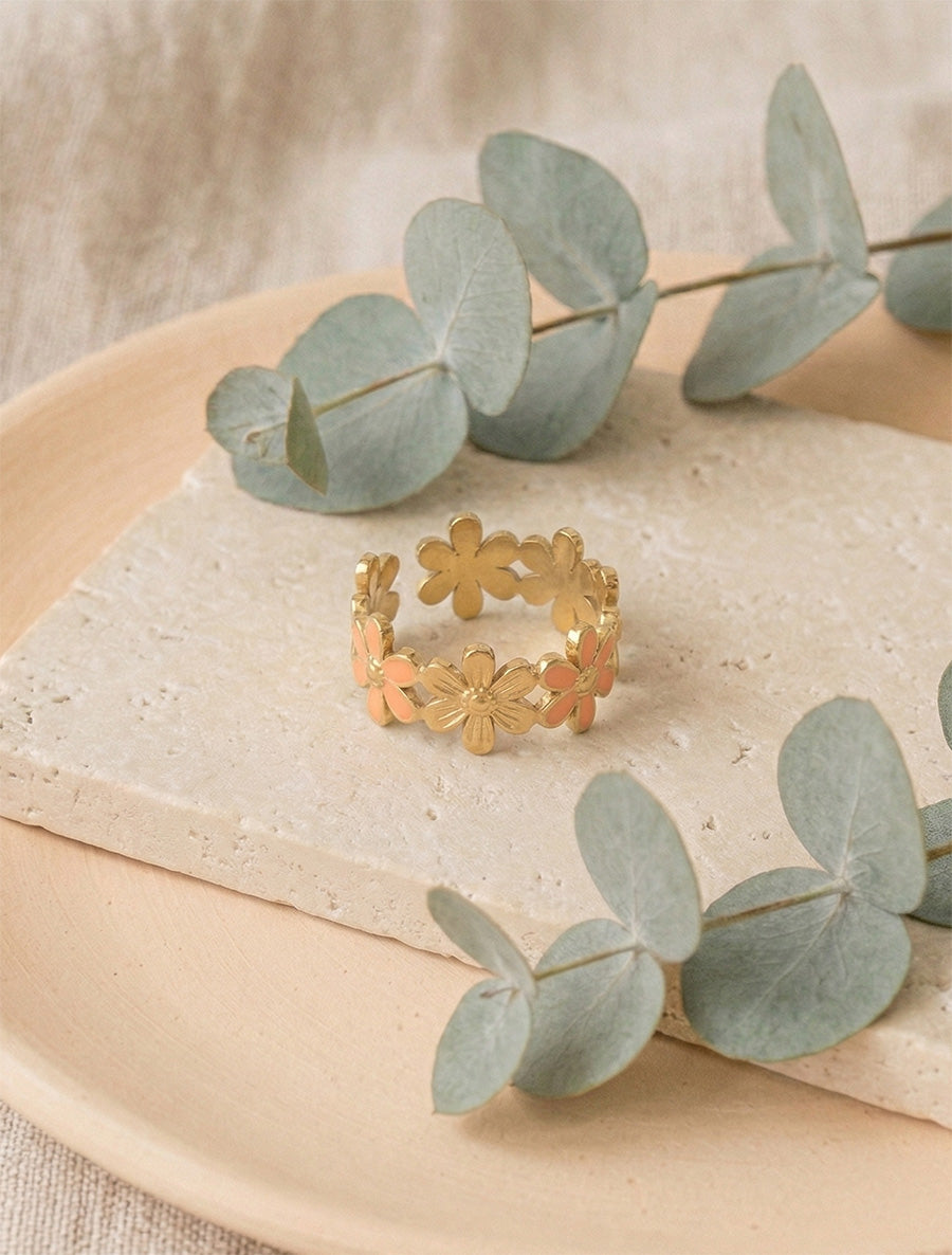 Bague ajustable à fleurs - Or/orange - 1