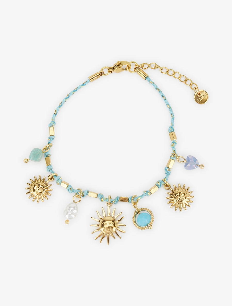Bracelet corde à charms soleil et perles - Or/bleu - 2