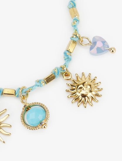 Bracelet corde à charms soleil et perles - Or/bleu - 3