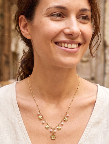 Collier petites fleurs et pierres - Or/blanc - 1