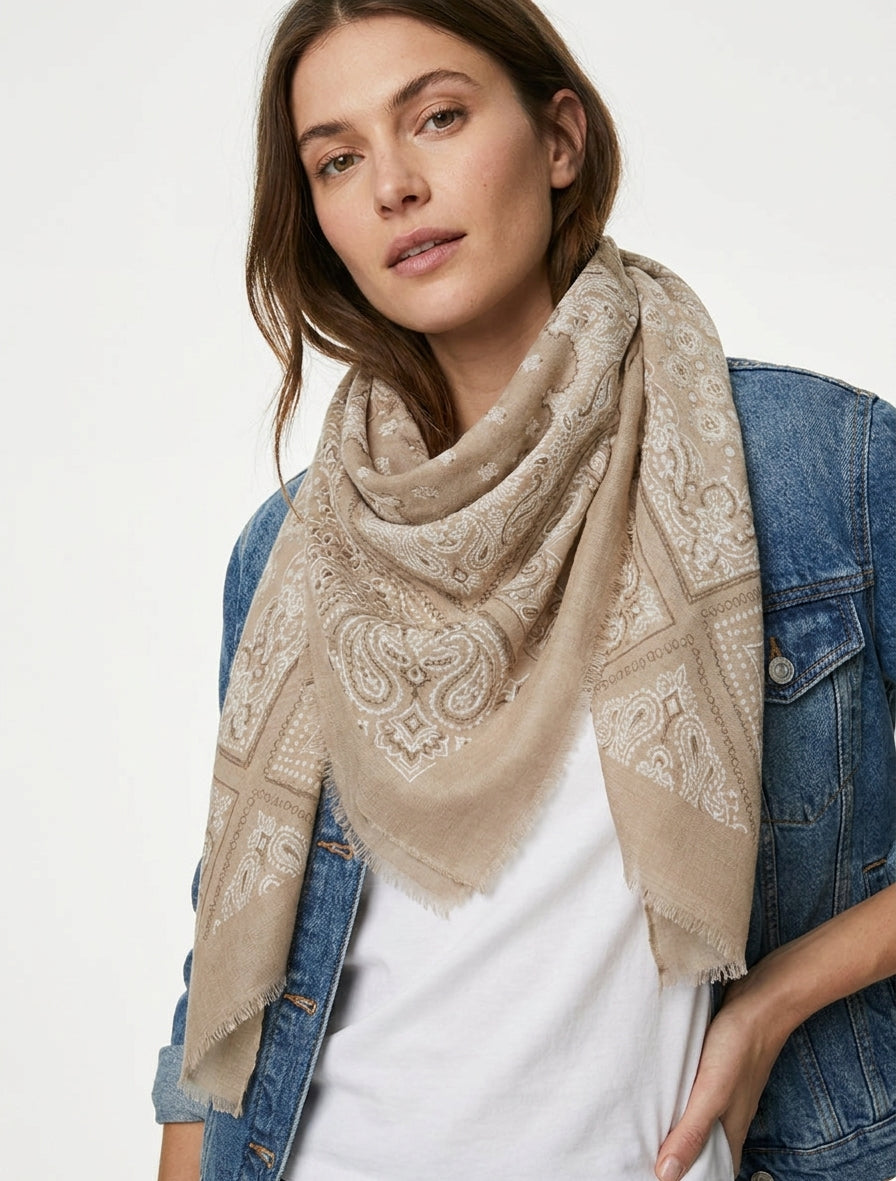 Echarpe imprimé bandana en coton mélangé - Beige