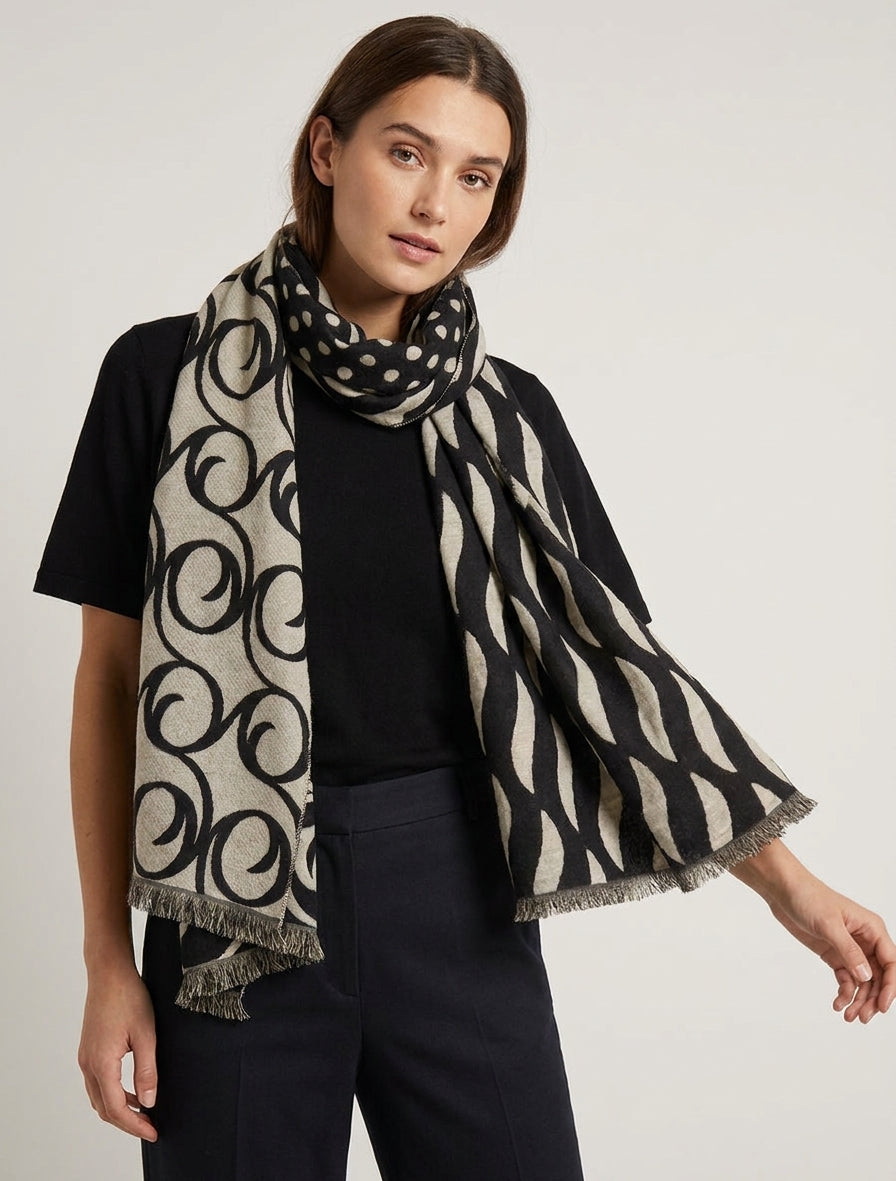 Echarpe en laine mélangée à pois et arabesques - Noir