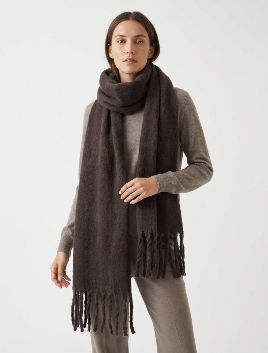 Echarpe laine duveteuse à franges - Marron