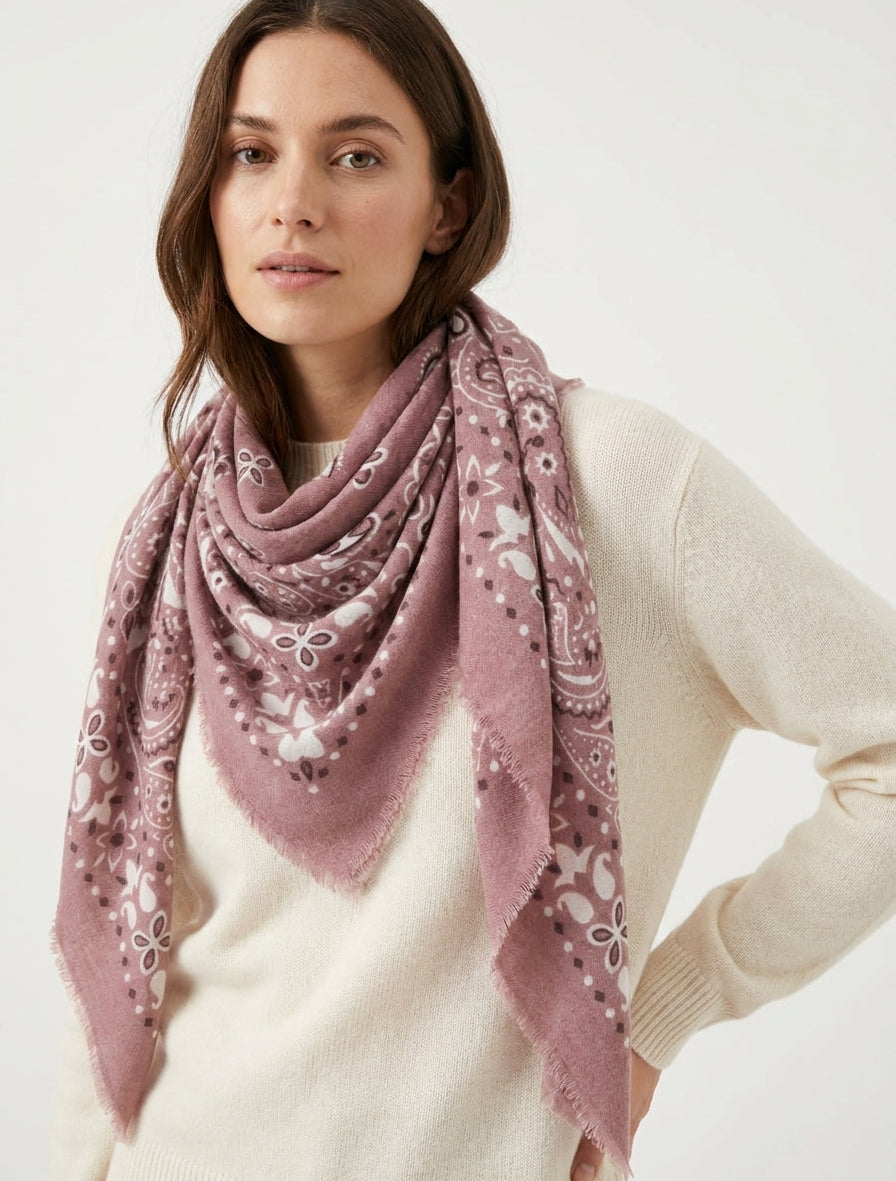 Foulard imprimé paisley à bords effilochés - Vieux rose