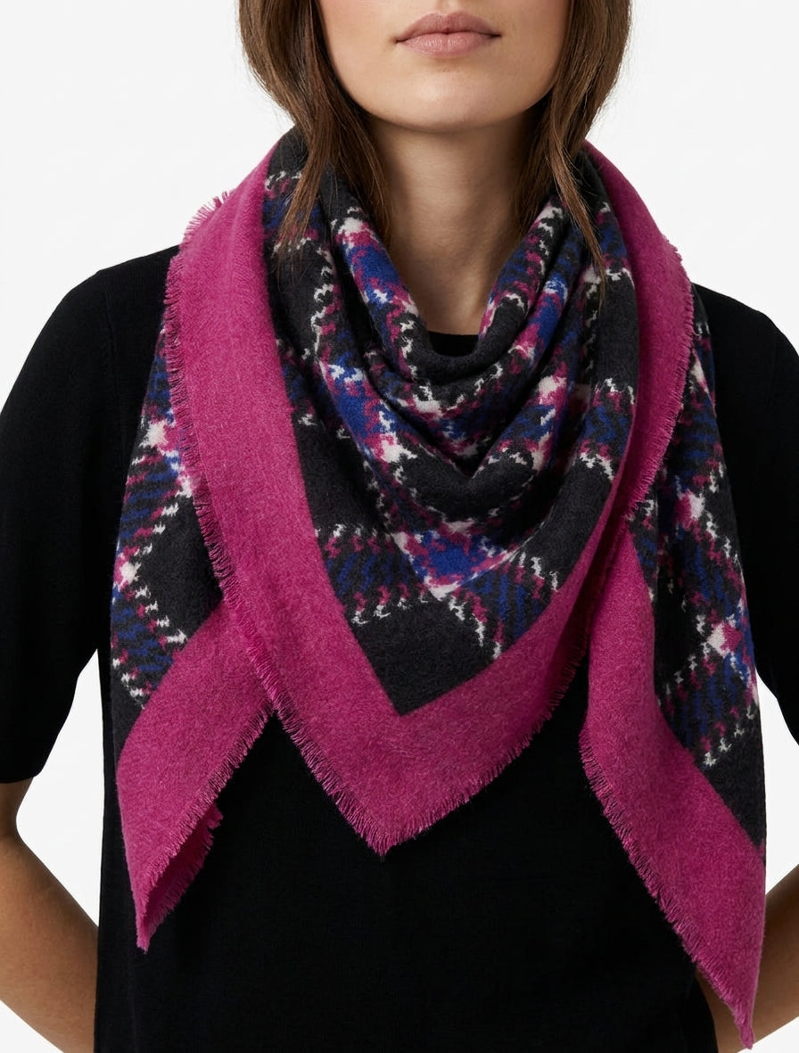 Foulard imprimé carreaux à bords effilochés - Fushia