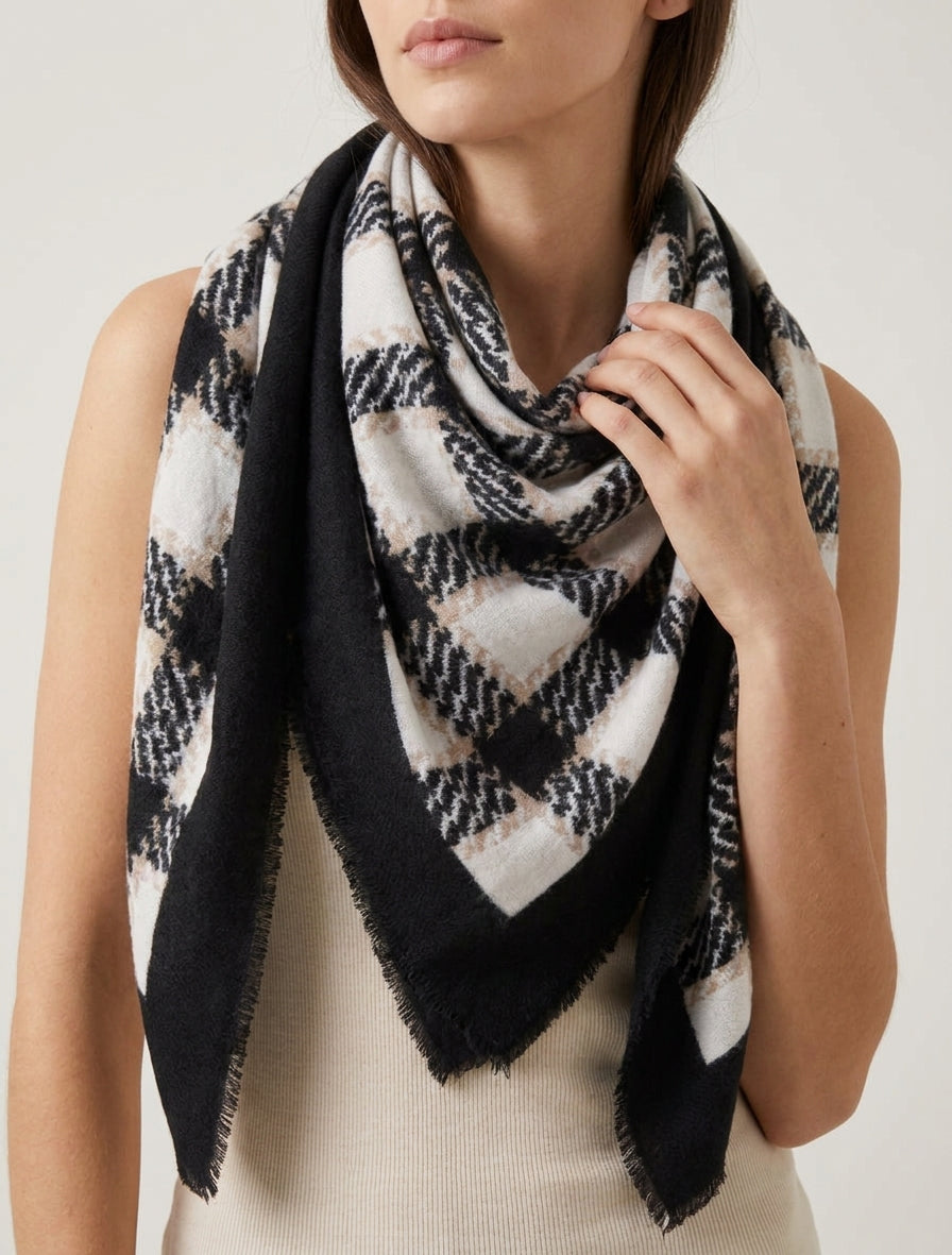 Foulard imprimé carreaux à bords effilochés - Noir