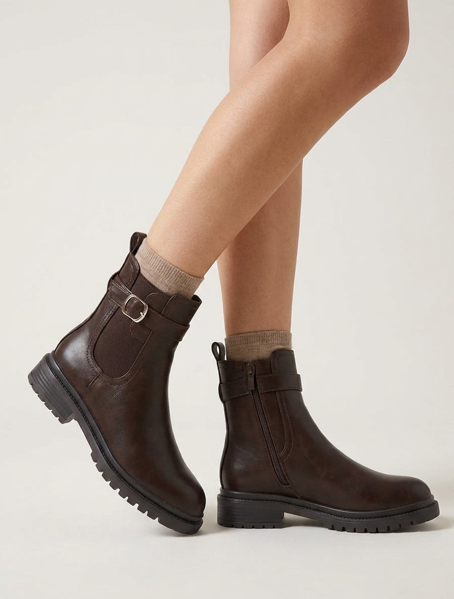 Bottines élastiquées à boucle et semelle crantée - Marron