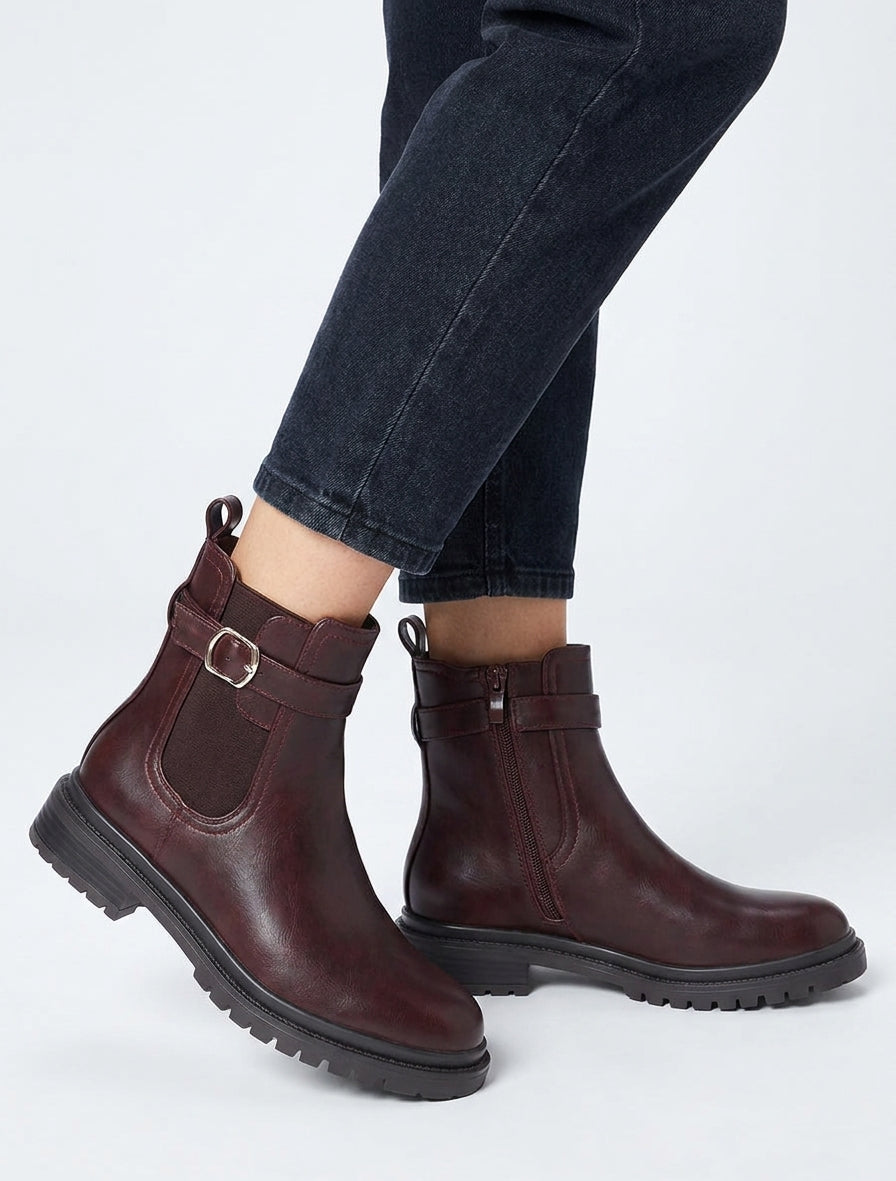 Bottines élastiquées à boucle et semelle crantée - Lie de vin