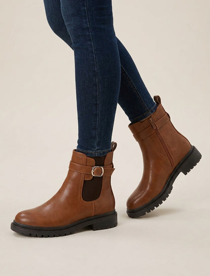 Bottines élastiquées à boucle et semelle crantée - Camel