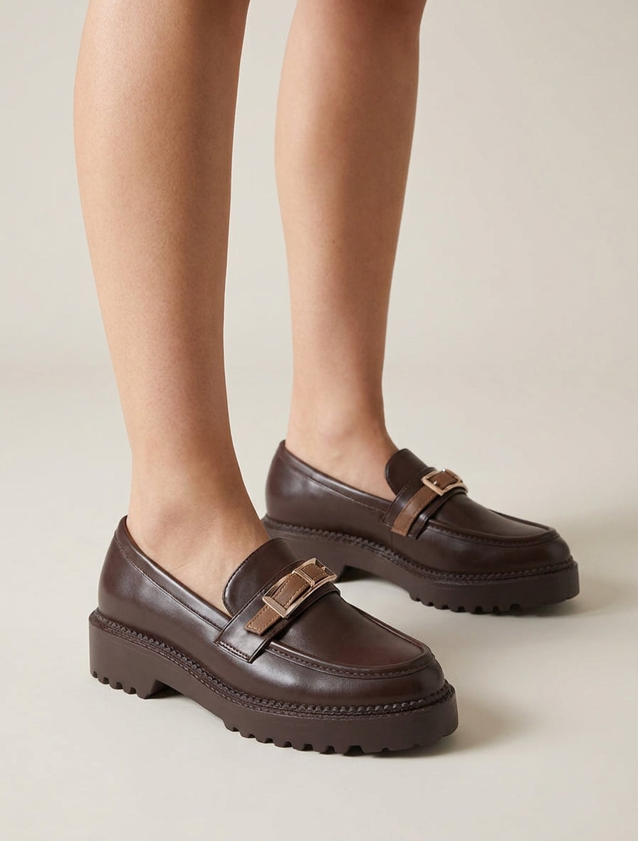 Mocassins à semelle crantée et boucle métallique - Marron