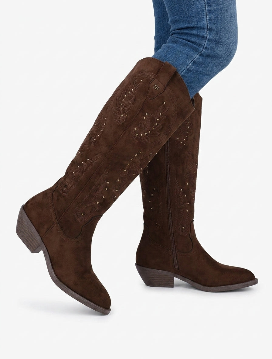 Bottes en suédine style santiags à clous - Marron
