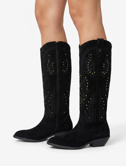 Bottes en suédine style santiags à clous - Noir