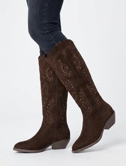 Bottes en suédine style santiags à clous - Chocolat