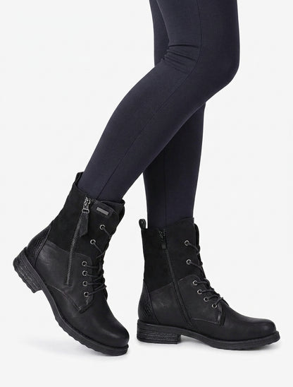 Bottines lacées à zip et empiècement python - Noir
