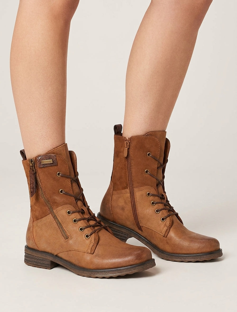 Bottines lacées à zip et empiècement python - Camel