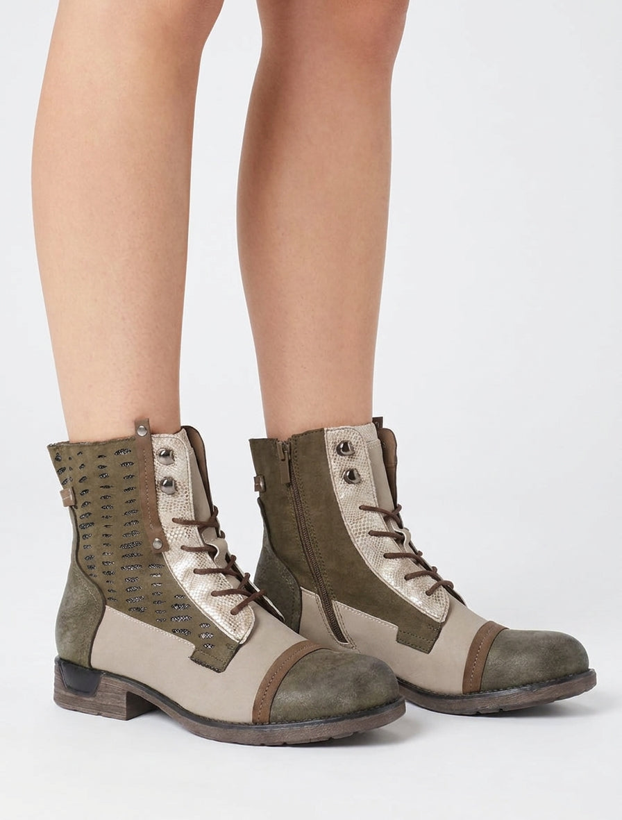 Bottines lacées irisées à perforations - Kaki