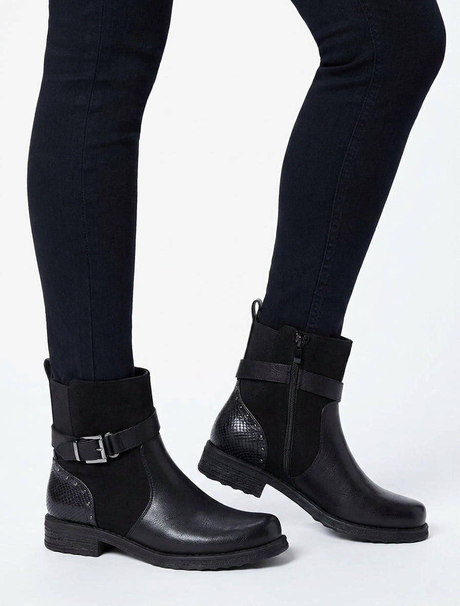 Bottines à sangle décorative et empiècement python - Noir