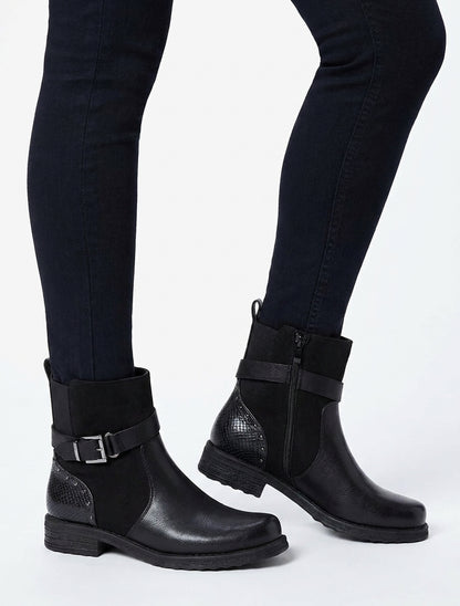 Bottines à sangle décorative et empiècement python - Noir