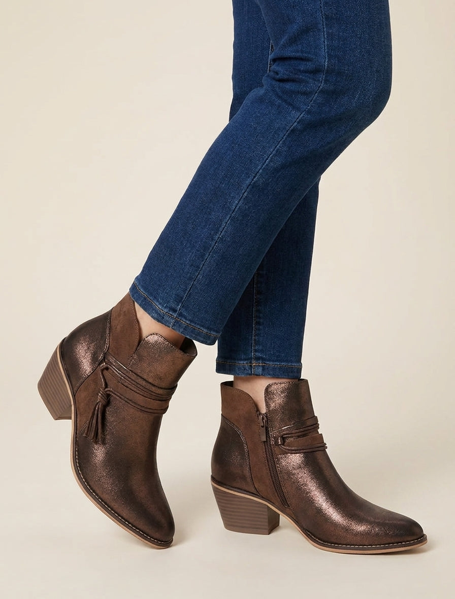 Bottines irisées à liens décoratifs - Marron