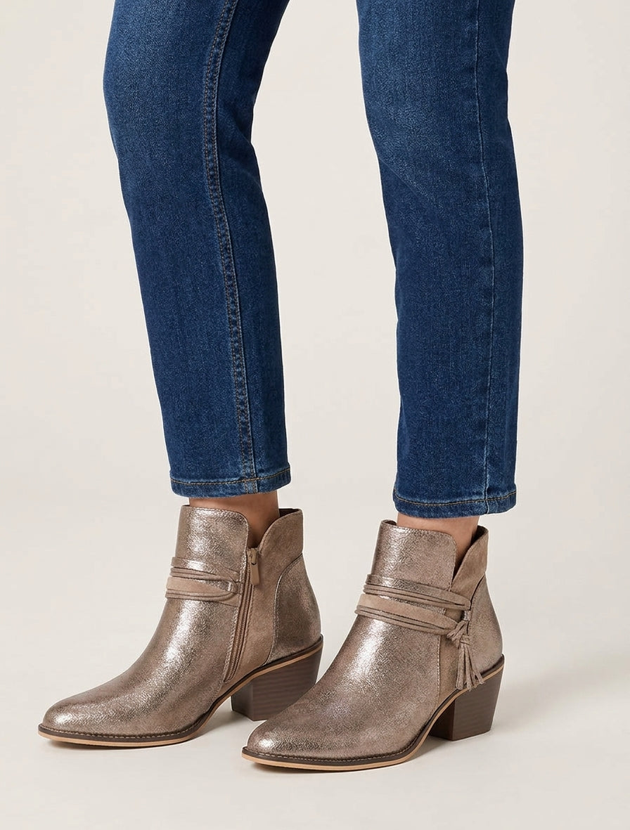 Bottines irisées à liens décoratifs - Taupe clair