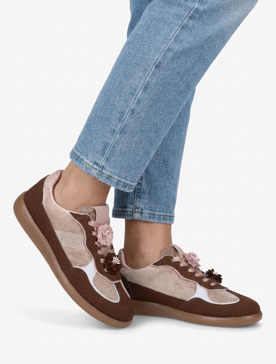 Sneakers à empiècement velours - Marron