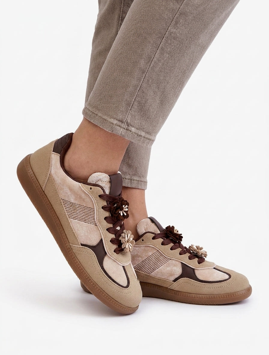 Sneakers à empiècement velours - Beige