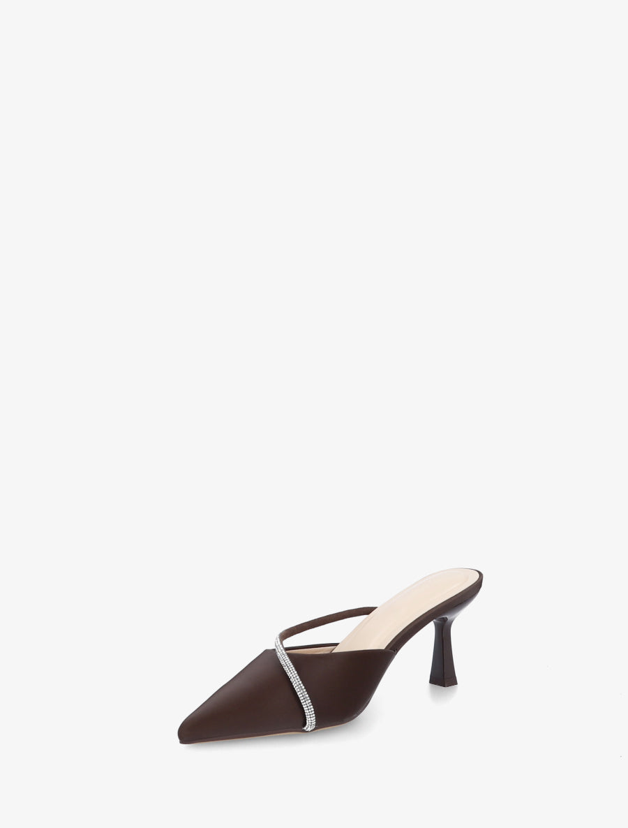 Mules satinées à strass et bouts pointus - Marron - 3
