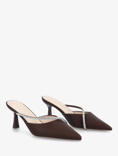 Mules satinées à strass et bouts pointus - Marron - 4